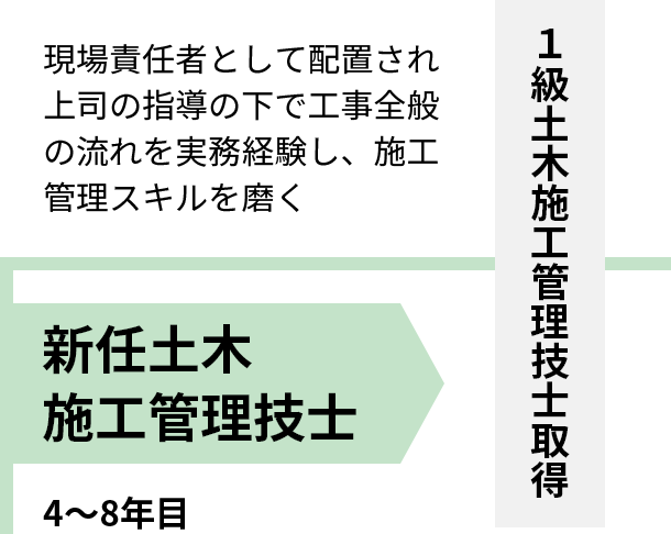 4〜8年目 新任土木施工管理技士 現場責任者として配置され上司の指導の下で工事全般の流れを実務経験し、施工管理スキルを磨く １級土木施工管理技士取得