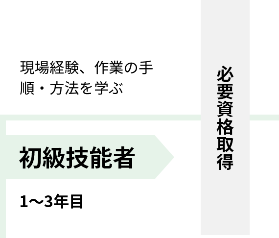 1〜3年目 初級技能者 現場経験、作業の手順・方法を学ぶ 必要資格取得